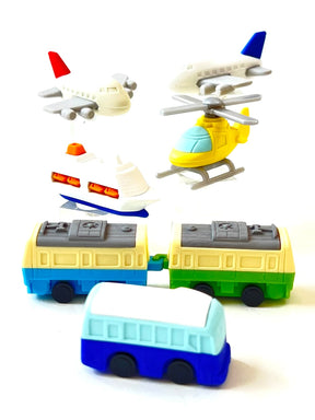 Assortment of travel-themed erasers: airplane, helicopter, ship, and buses for BCmini 38136