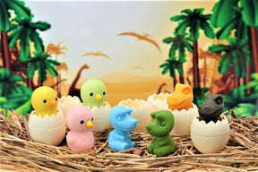 Cute baby dinosaur and chick figurines nestled in egg shells on straw for BCmini 38241