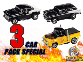 Three vintage slot cars: Ford F-100, Chevy Bel Air, and Nomad for Auto World