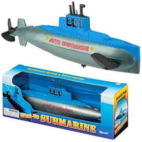 Toy wind-up submarine toy in its blue and silver box packaging for Toy Smith 9072