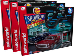 Slot car race set for battling dealerships, featuring multiple cars and track pieces for Auto World SRS337