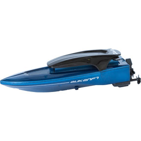 Blue remote-controlled mini boat with black accents for Invento 500809, rear view