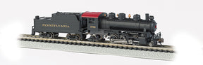 Black model train locomotive, Pennsylvania Railroad #2765, on tracks for Bachmann 51553