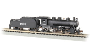 Black model train of Santa Fe No. 2129 locomotive and tender on tracks for Bachmann 51555