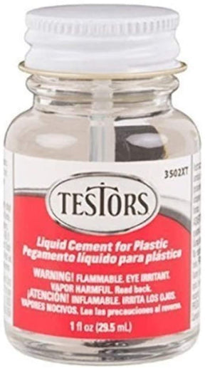 Plastic cement liquid in a clear glass bottle with a white cap for Testors TES3502XT
