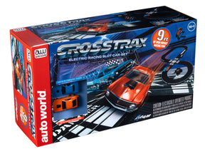Slot car set box featuring race cars and track layout for Auto World SRS351