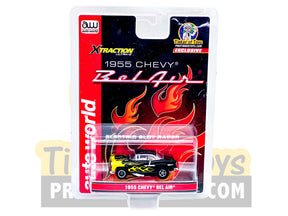 1955 Chevy Bel Air black car with yellow flames in blister card packaging for Exclusive #2 CP7760PT