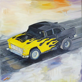 Yellow and black '55 Chevy Bel Air slot car print on a track for Timothy W. Young 14”x14”