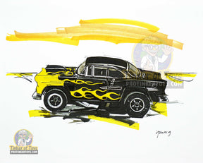 Sketch of a classic black and yellow '55 Chevy Bel Air slot car for Timothy W. Young 8”x10”