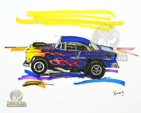 Blue and yellow '55 Chevy Bel Air slot car sketch print by Timothy W. Young for 8”x10”