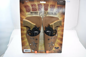 Toy holster set for two double revolvers, brown and tan plastic for Parris Toys 4632C