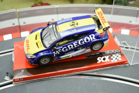 Yellow and blue race car model on a track base for SCX A10151X3U0