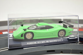 Green slot car of a Porsche 911 GT1 98 Racing EVO 2 for Fly Car 07003