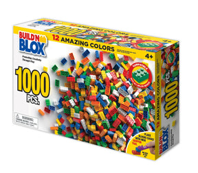 Assortment of 1000 colorful building blocks in a white and yellow box for Bond Street Innovations 17081