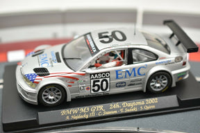 Slot car of a 2002 BMW M3 GTR race car for Fly Car 88009, front view
