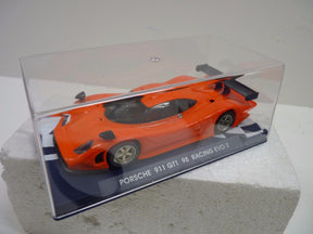 Orange slot car of a Porsche 911 GT1 98 Racing EVO 2 for Fly Car 07002, front view