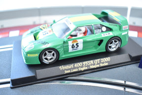 Green race car model, Venturi 400 GT, on a display base for REH Fly A241
