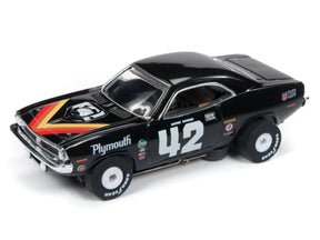 Black 1970 Plymouth 'Cuda slot car with red and yellow stripes for Slot Car 1:64 SC338
