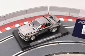 Silver model car of the BMW 3.5 CSL Silver Edition on a display base for Fly Car 88124