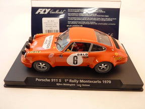 Orange slot car of a 1970 Porsche 911S rally car for Fly Car 88134, front view