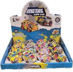Assortment of colorful die-cast mini cars in a cardboard box for BVP 88432