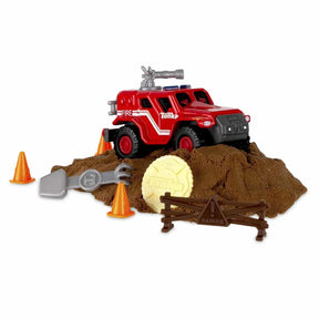 Red toy fire truck with rescue gear on brown mud pile for Schylling 6050