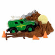 Green toy rescue truck in brown mud with orange cones and metal tools for Schylling 6050