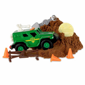 Green toy rescue truck in brown mud with orange cones and metal tools for Schylling 6050