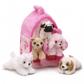 Stuffed dog house with four plush dogs: white, black, tan, and pink for Unipak 7166PD