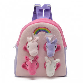 Rainbow backpack with unicorn, zebra, and giraffe plush designs for Unipak 7177UN