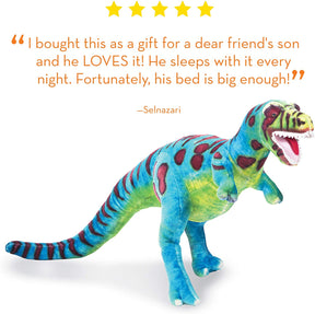 Green and blue plush T-Rex toy standing on a white background for Melissa and Doug 2149