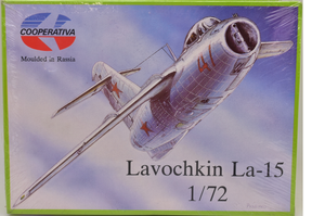 Model kit box art featuring a Lavochkin La-15 fighter plane in flight for Cooperativa Model Kits Lavochkin La-15 1:72