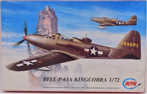 Model kit box art showing Bell P-63A Kingcobra aircraft in flight for MPM Model Kits 72021