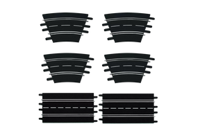 Track pieces for a race set, showing various curves and straight sections for Carrera 20026955