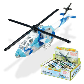 Blue and white toy gunship with rotor blades and display box for Toy Smith 8092