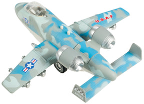 Toy jet airplane toy, light blue and gray camouflage, with U.S.A.F. markings for Toy Smith 8094