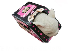 White stuffed French Bulldog toy in its open box packaging for BVP 88959NV
