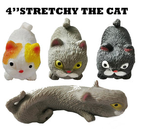 Three poses of Stretchy The Cat plush toy: sitting, facing front, and lying down for BVP 88960NV