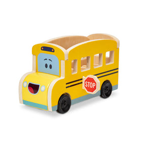 Yellow wooden pull-back school bus toy with blue face for Melissa and Doug 33011