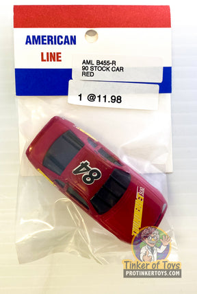 Red 90 Stock Car toy, American Line B455, packaged for sale