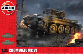 Cromwell tank model amidst flames, detailed diorama scene for Airfix A1374