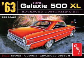 Orange 1963 Ford Galaxie 500 XL model kit box art showing the car for AMT AMT1186