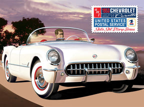 White 1953 Corvette model kit on a sunset backdrop for AMT AMT1244