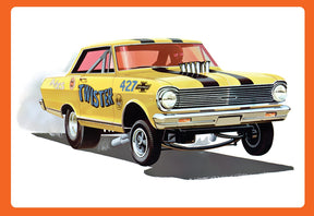 Yellow 1965 Chevy II Nova "Twister" model kit, side view for AMT AMT1293