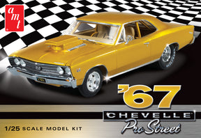 Yellow 1967 Chevelle Pro Street model kit on a black and white checkered floor for AMT AMT876