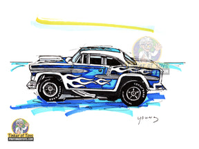 Blue and white 1955 Chevy Bel Air slot car sketch print by Timothy W. Young for 8”x10”