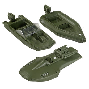 Three olive green military-style inflatable boats and raft for Tim Mee 03100
