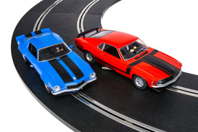 Two slot car race cars on a curved track section for Scalextric 1/32 C1429T