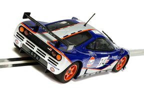 Blue and white McLaren F1 GTR race car model with Gulf livery for Scalextric C3969