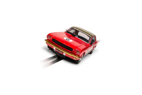Red slot car of a classic Ford Mustang race car for Scalextric C4339
